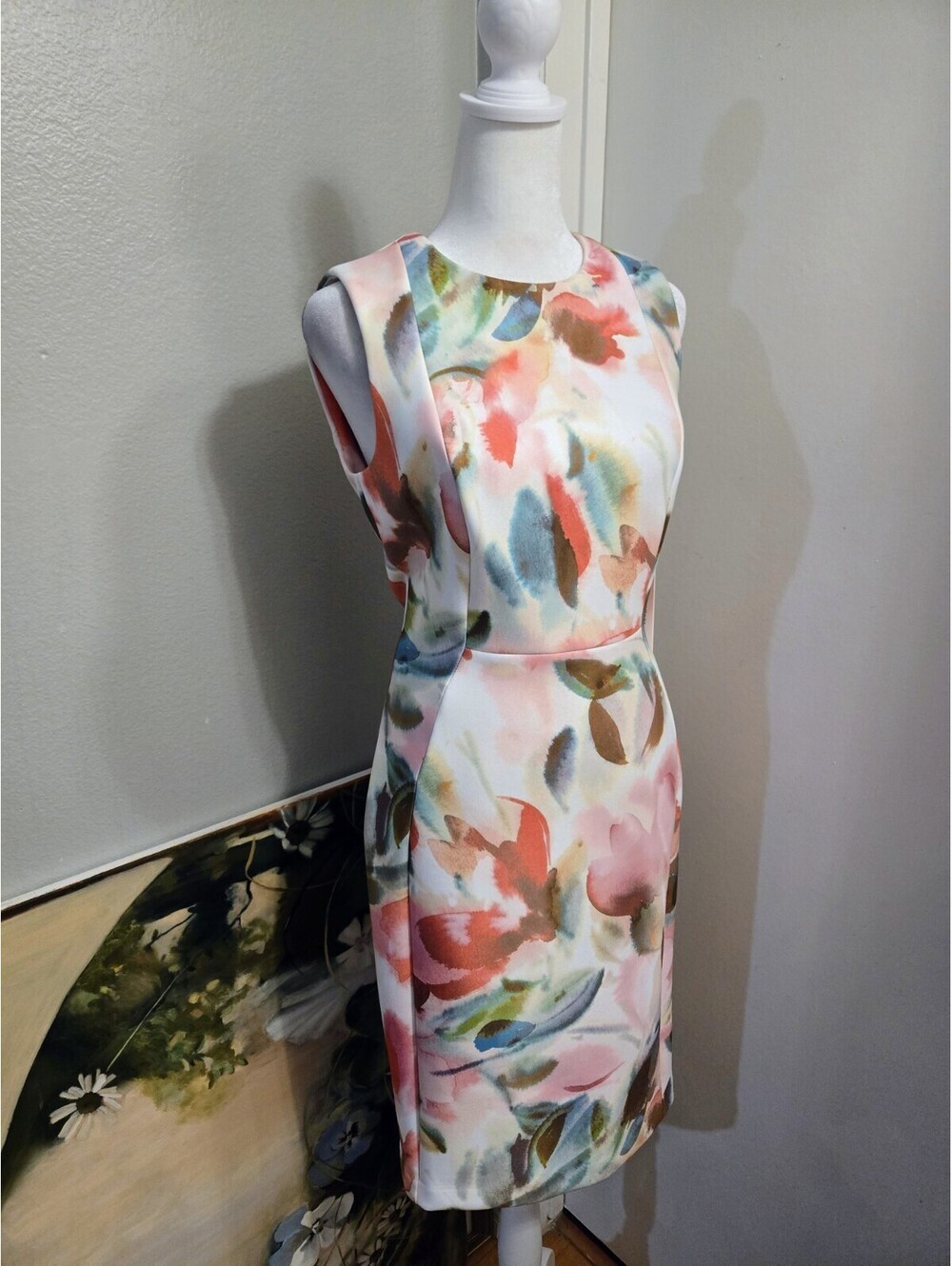 Calvin Klein NWT Dress Size 4 Women's Watercolor Floral Print Scuba Sheath Dress - Picture 6 of 9
